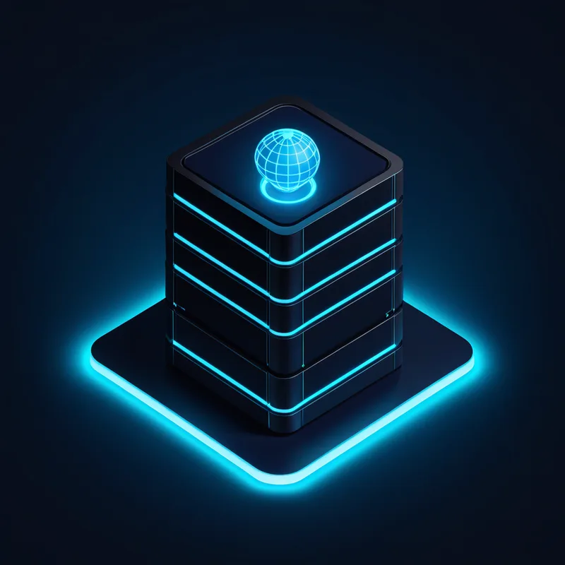 Ilustración 3D de un servidor de webhosting con panel de control